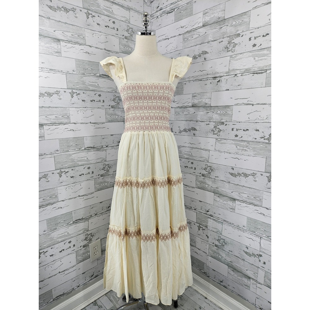 Madewell Smocked Tiered Maxi Dress Cream Embroidered Ruffle Shoulder XXS